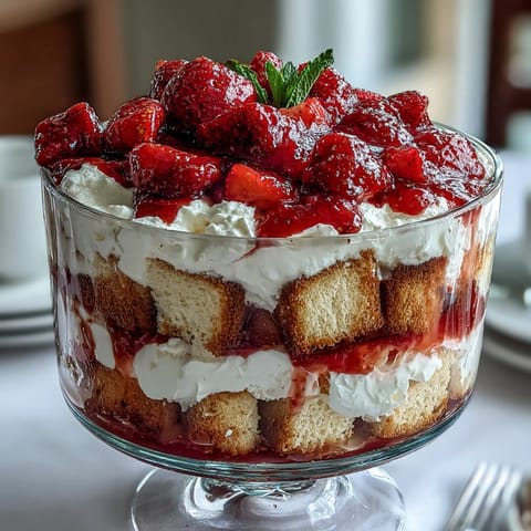 Mothers Day Strawberry Shortcake Layered Trifle with juicy strawberries and fluffy whipped cream in a glass bowl, perfect for festive gatherings.