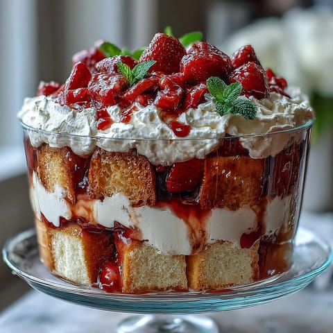 Elegant Mothers Day Strawberry Shortcake Trifle featuring golden shortcake cubes, vibrant red berries, and billowy vanilla cream in clear layers.