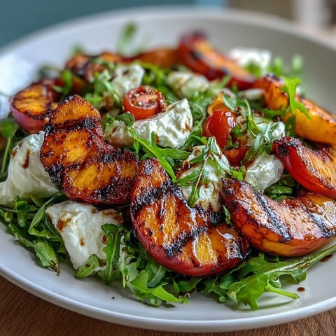 Creamy burrata meets sweet grilled peaches in this fresh arugula salad, drizzled with balsamic.  