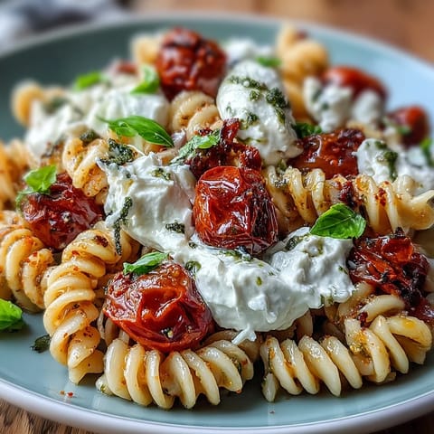 Creamy Caprese pasta with burrata, cherry tomatoes, and fresh basil for a vibrant summer meal.  