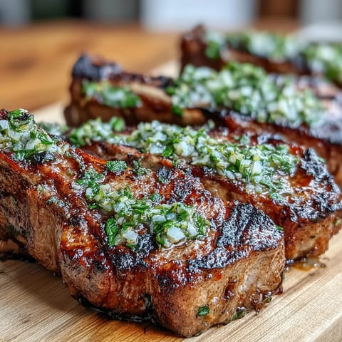 Grilled lamb chops topped with fresh mint gremolata, offering a zesty Mediterranean flavor.