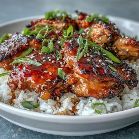 Honey Garlic Chicken with Rice in a crockpot, served over fluffy jasmine rice with sesame seeds and green onions.