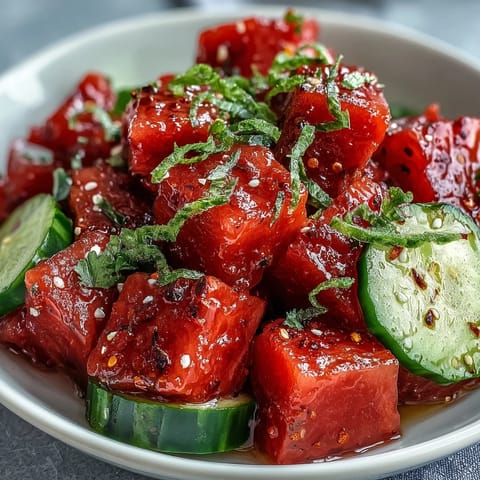 Juicy watermelon cucumber salad with Tajin and lime zest, a vibrant summer delight.