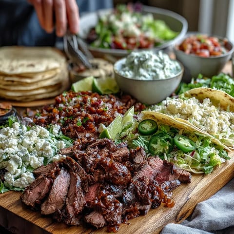Cinco de Mayo street taco bar with juicy carne asada and colorful toppings.