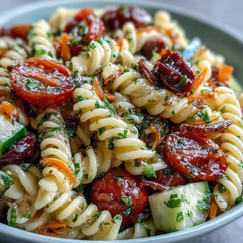 Colorful Memorial Day pasta salad with crisp veggies and zesty Italian dressing.