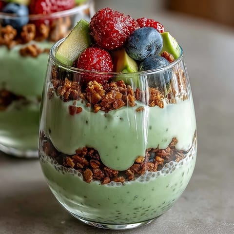 Creamy avocado chia pudding parfait layered with vibrant berries, a perfect wholesome breakfast.