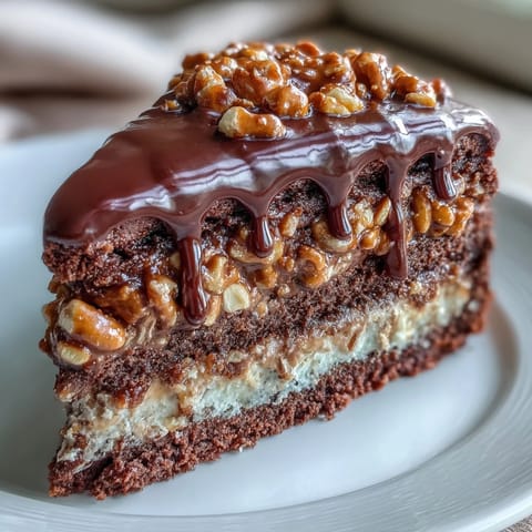 Decadent Father's Day Chocolate Peanut Butter Pretzel Cake stacked high.