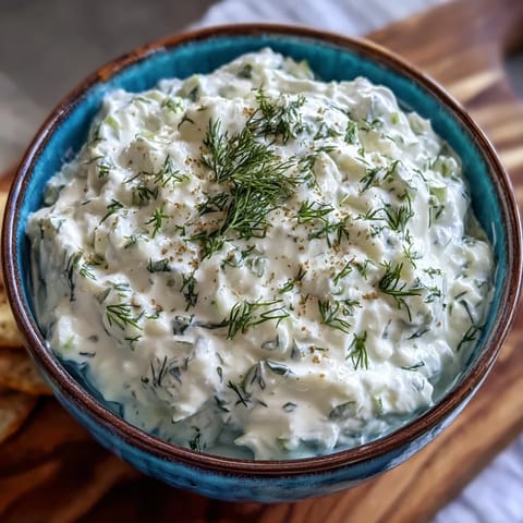Creamy Skyr Tzatziki Dip with fresh cucumber, dill, and a lemon zest.