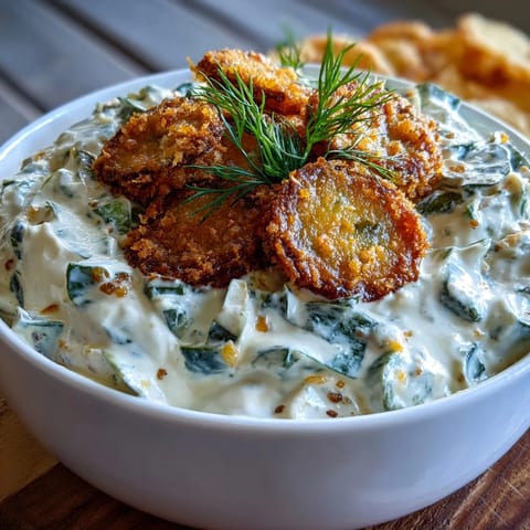 Creamy Fried Pickle Dip with golden fried pickles and a ranch swirl.
