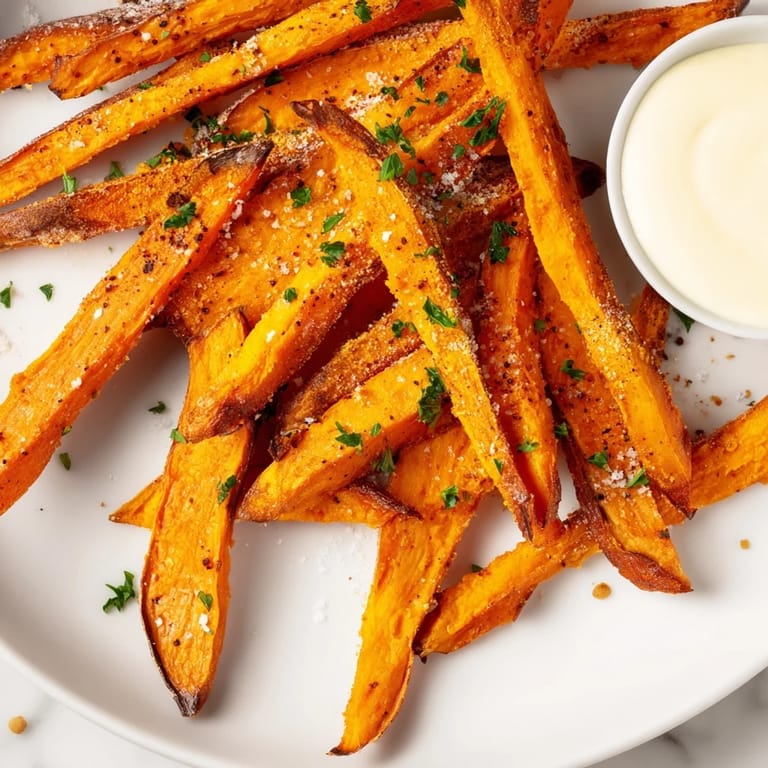 Sweet Potato Fries seasoned with paprika and sea salt, perfect for dipping in aioli.