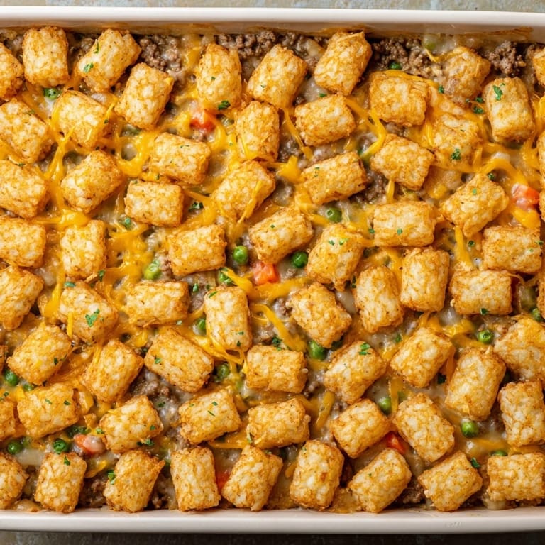 Hearty Tater Tot Casserole served in a bowl with a fresh green salad for a complete weeknight dinner.