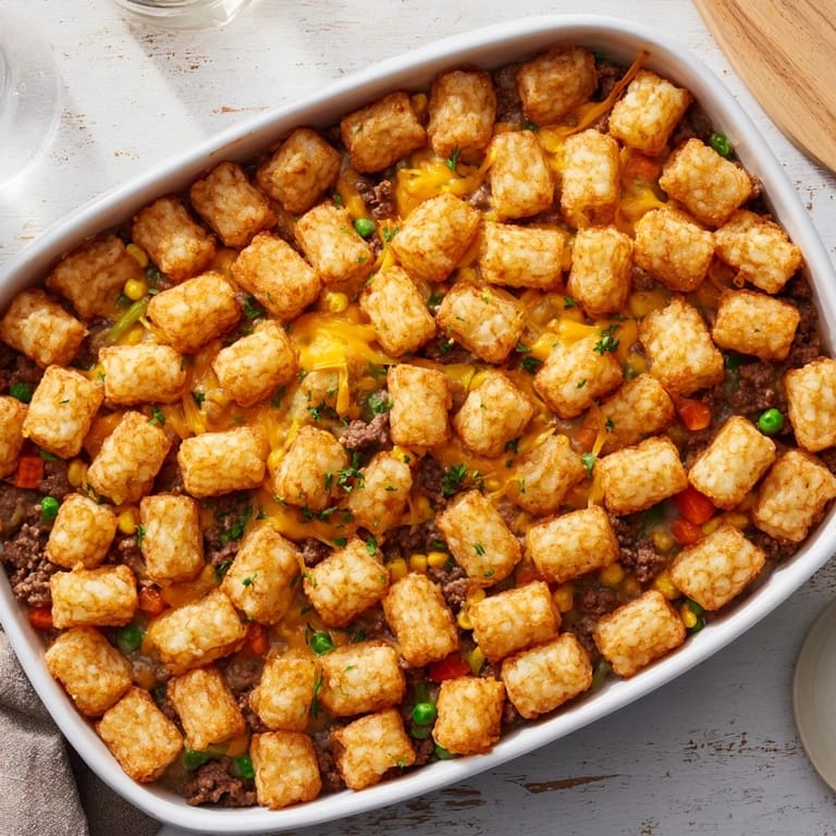 Comforting Tater Tot Casserole with crispy tots topping a creamy mixture of ground beef and mixed vegetables.