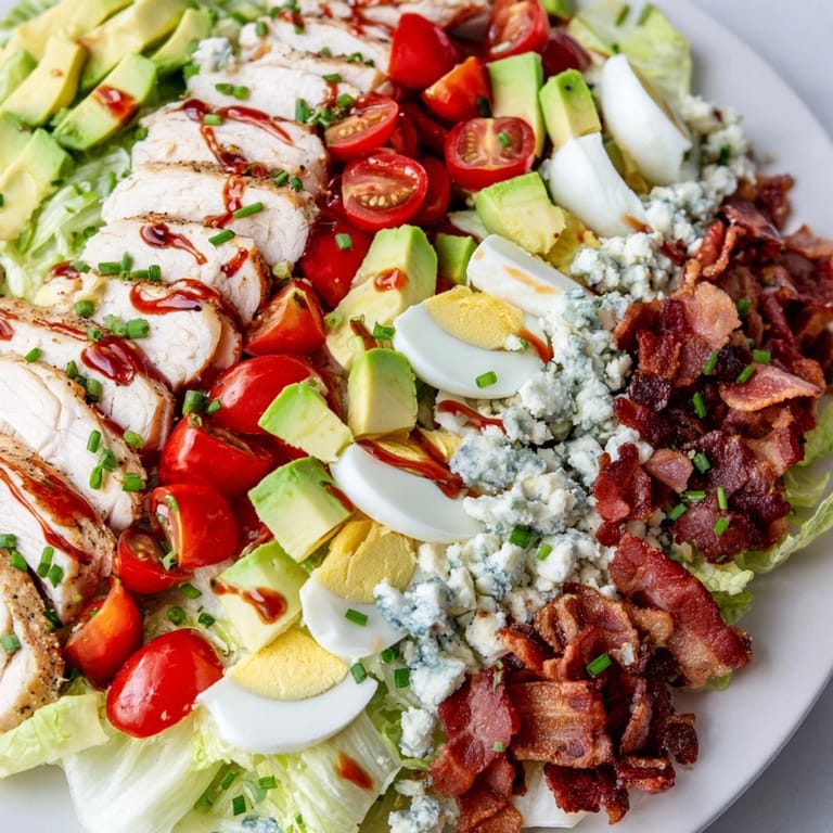 Classic American Cobb Salad with tender chicken, crunchy bacon, creamy avocado, and tangy blue cheese, drizzled with red wine vinaigrette and garnished with chives.