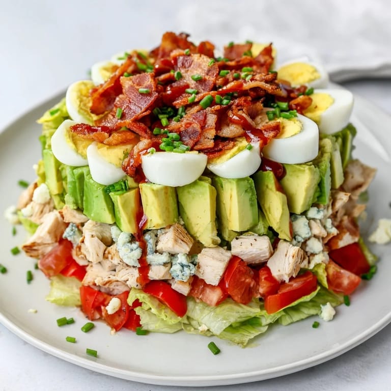 Overhead view of a hearty Cobb Salad featuring colorful ingredients like diced tomatoes, sliced eggs, and avocado on a bed of fresh greens.