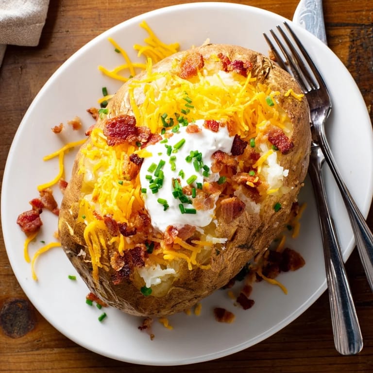 Homemade loaded baked potatoes topped with melted cheddar, sour cream, and bacon bits sit next to a fork on a marble counter.