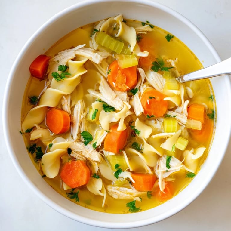 Hearty Chicken Noodle Soup served in a rustic bowl, garnished with fresh parsley and ready to enjoy with crusty bread.