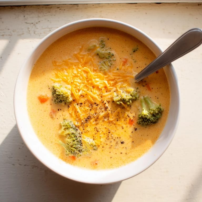 Cheesy broccoli soup with tender florets, perfect comfort food lunch.