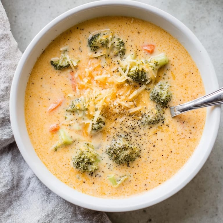 Velvety broccoli cheese soup garnished with black pepper, a warm delight.
