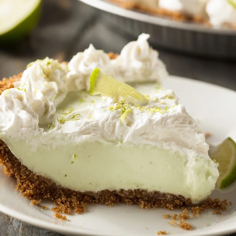 Freshly baked Key Lime Pie with glossy key lime filling and whipped cream peaks on a rustic graham cracker crust.