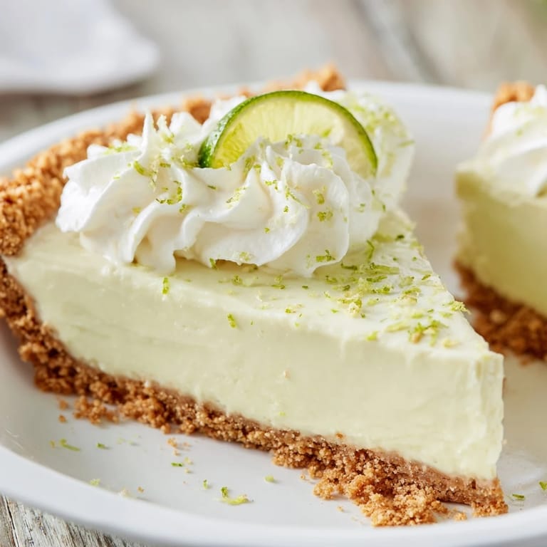 Key Lime Pie garnished with lime zest and slices, paired with a serving knife on a bright kitchen table.
