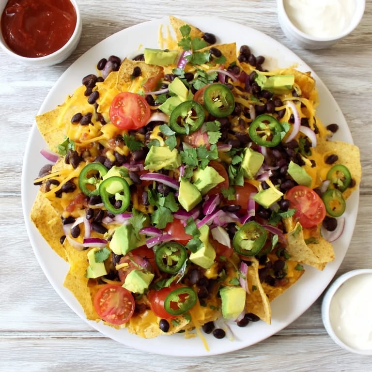 Freshly baked nachos topped with diced tomatoes, avocado, cilantro, and sour cream served alongside salsa, perfect for a festive game-day snack.