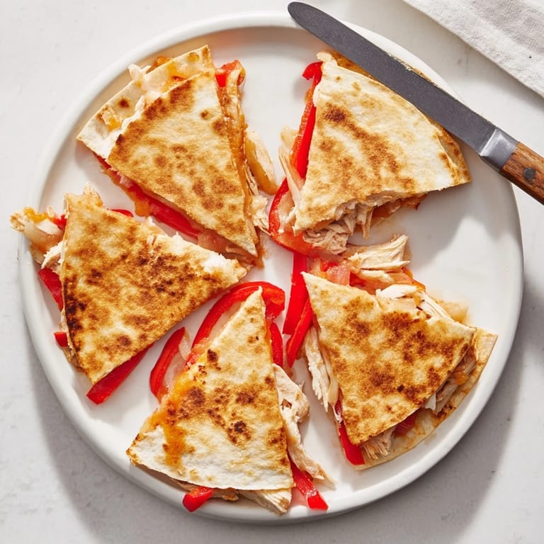 Freshly cooked chicken quesadilla cut into wedges, served with a small bowl of salsa and creamy guacamole.