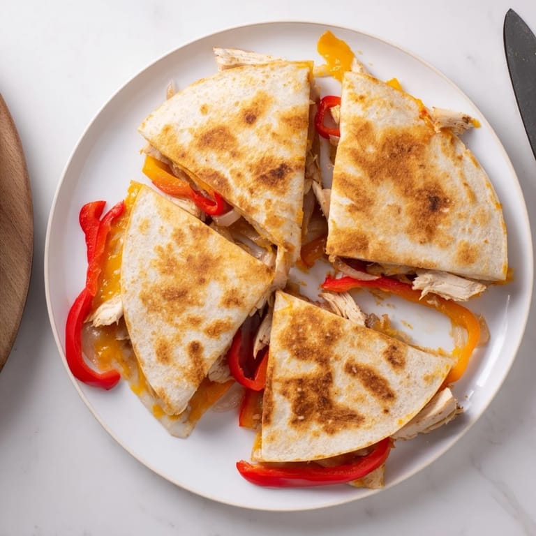 Close-up of a golden-brown chicken quesadilla showing a cheesy pull, with grilled chicken and peppers inside.