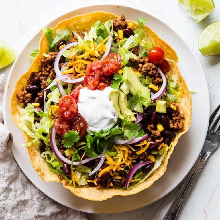 Freshly made Taco Salad with vibrant lettuce, tomatoes, and avocado, topped with creamy sour cream and salsa.