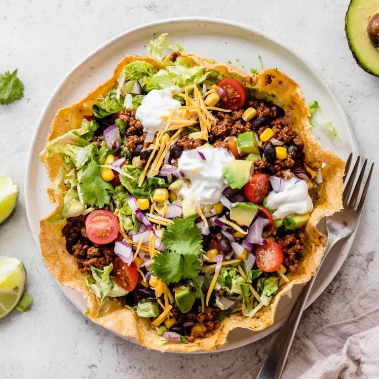 Layered Taco Salad featuring warm spiced ground beef, corn, and shredded cheese in a crunchy edible bowl.