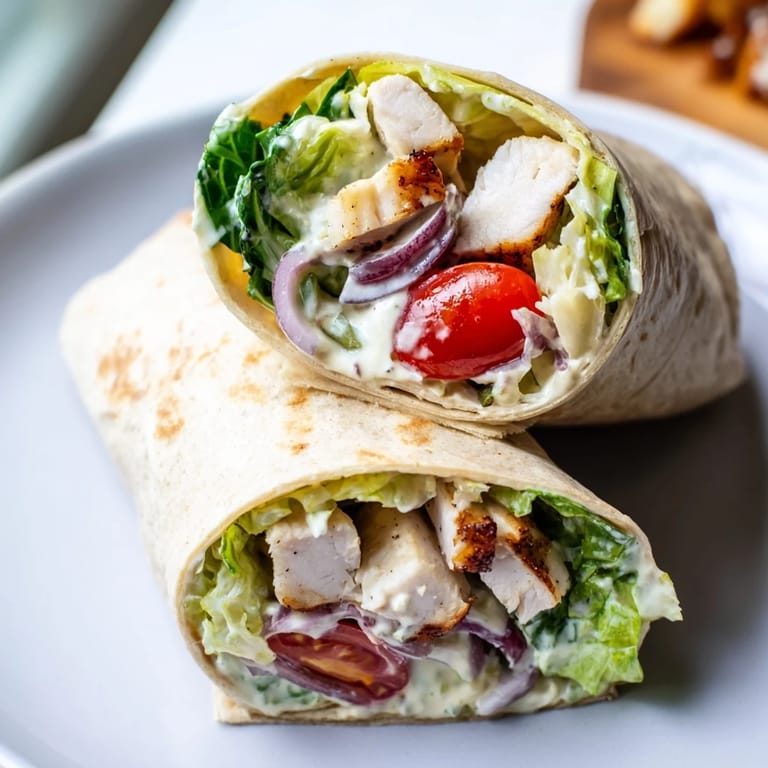 Sliced Chicken Caesar Wrap halves showing juicy chicken and fresh greens on a wooden serving board.