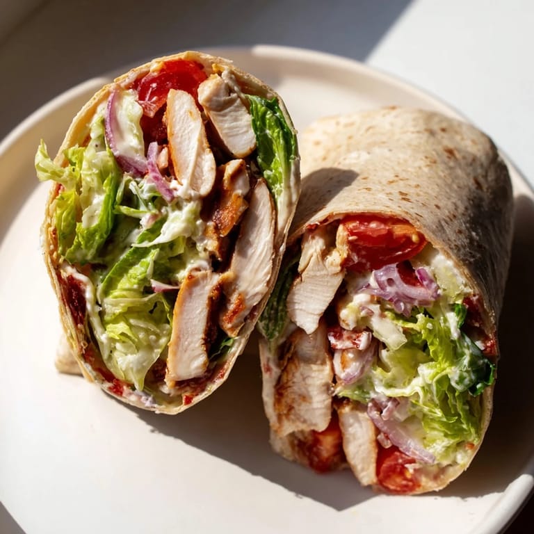 Homemade Chicken Caesar Wrap with cherry tomatoes and red onion, ready to enjoy for an easy lunch.