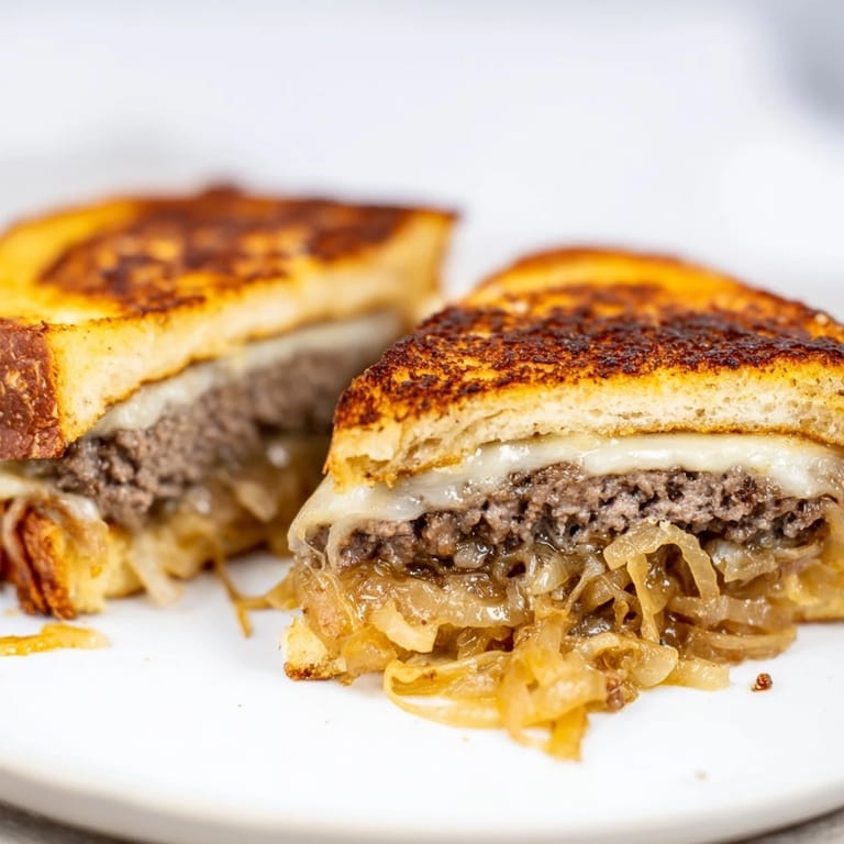 Grilled Patty Melt sandwich with buttery rye bread, a juicy beef patty, and Swiss cheese on a checkered diner towel.