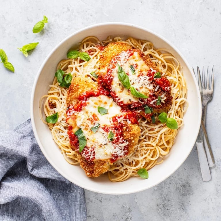 Crispy fried Chicken Parmesan cutlets smothered in marinara sauce and melted cheese, ready to serve with a side salad.