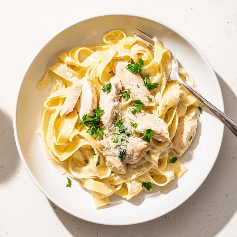 Serve Fettuccine Alfredo with a glass of white wine and garlic bread on a rustic wooden table.