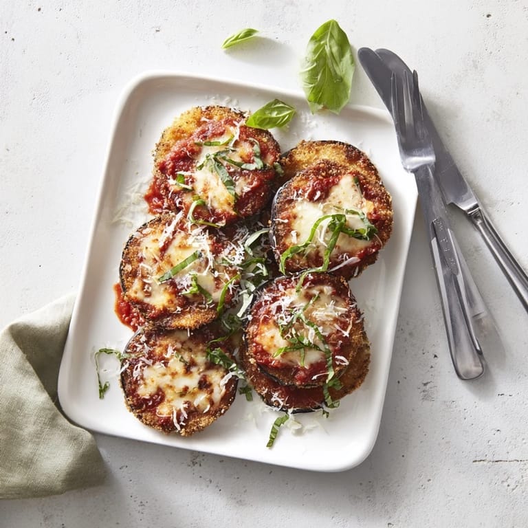 Bubbling baked Eggplant Parmesan in a dish, garnished with fresh basil, ready to serve with crusty bread.