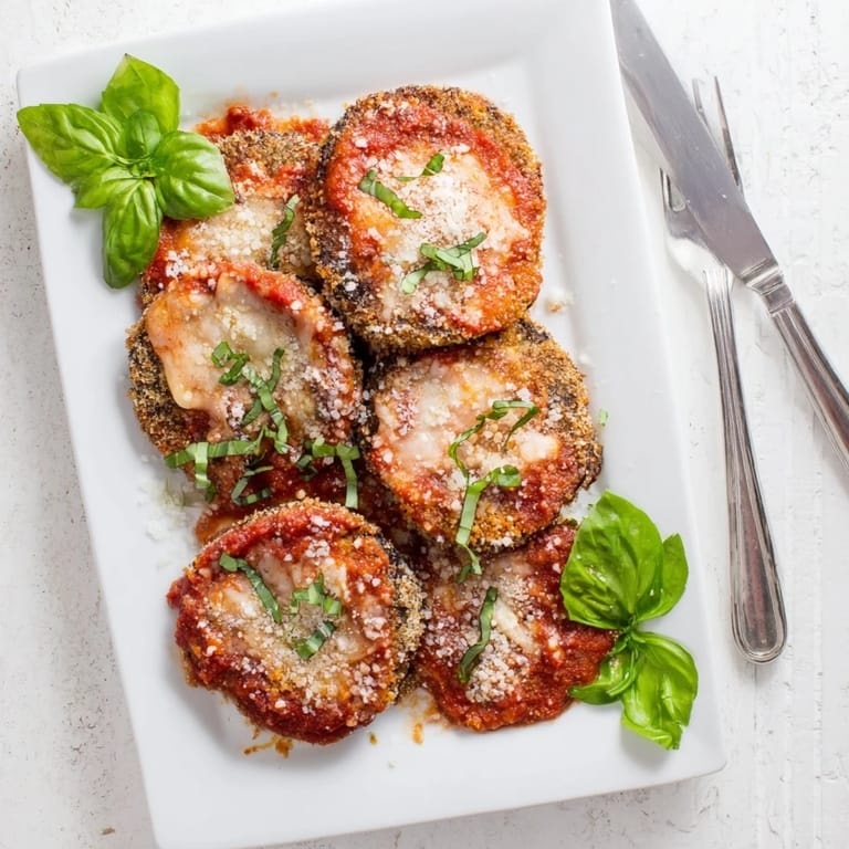 Close-up of golden-brown Eggplant Parmesan with melted cheese and marinara sauce, highlighting the crispy, breaded texture.