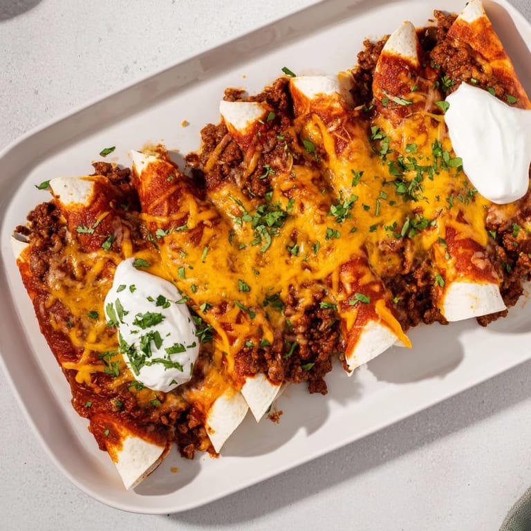 Bubbly melted cheese covers rolled flour tortillas filled with seasoned ground beef and rich red sauce.