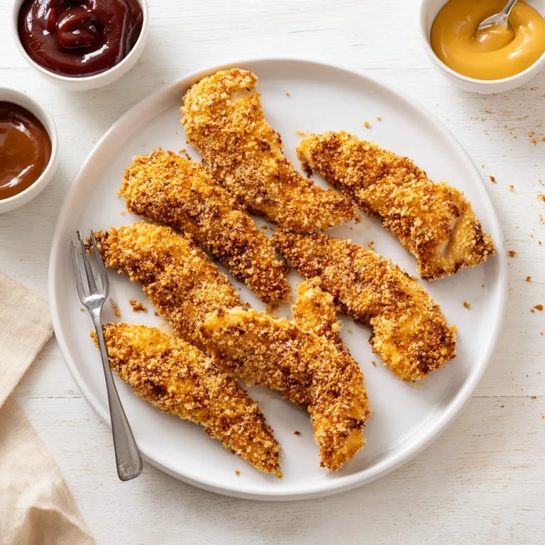 Juicy, panko-crusted Chicken Tenders frying to a perfect golden-brown in bubbling vegetable oil.