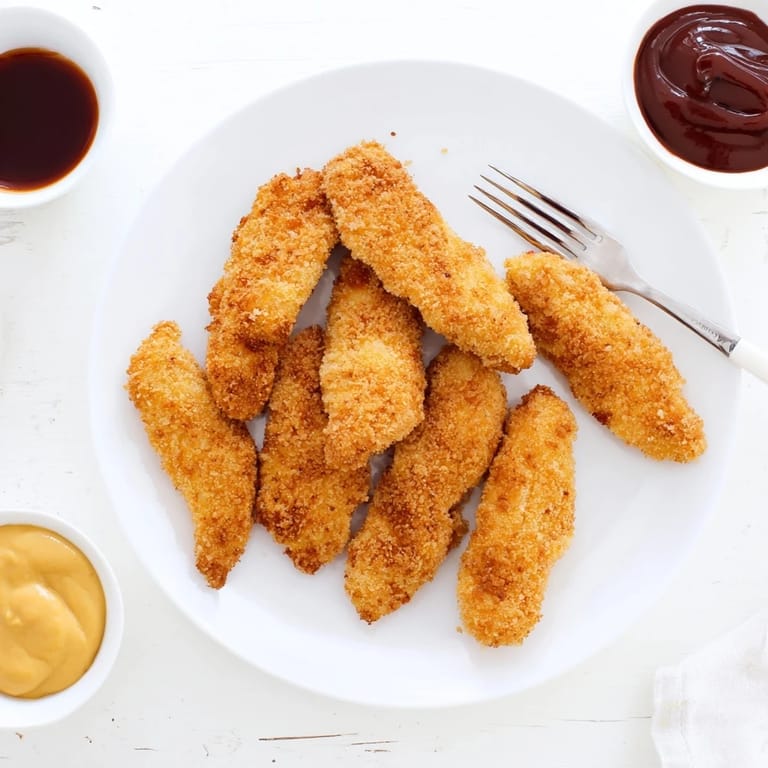 Homemade, crunchy Chicken Tenders arranged on a plate with fries and creamy dipping sauces.