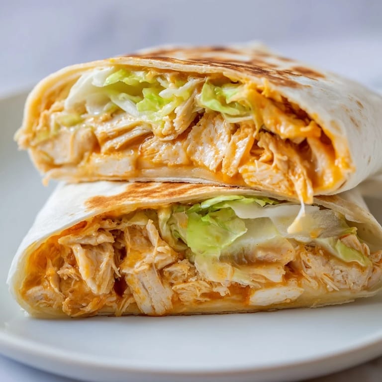 A close-up of one Buffalo Ranch Chicken Wrap, its tortilla toasted golden with visible chunks of spicy chicken and red onion.  