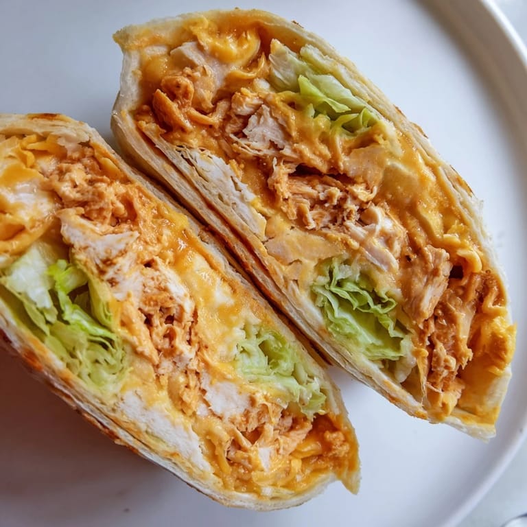 Stack of warm Buffalo Ranch Chicken Wraps on a cutting board, ready to serve with extra ranch and buffalo sauce on the side.