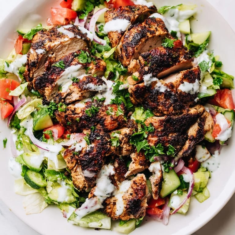 Colorful bowl of Chicken Shawarma Salad featuring golden chicken slices over mixed greens, red onion, and tangy yogurt sauce.