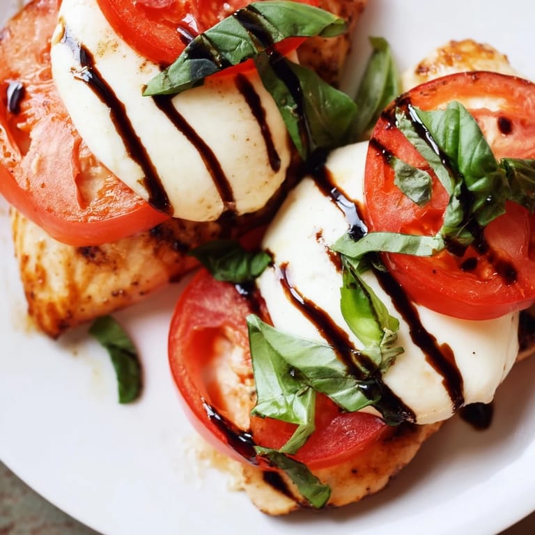 Juicy Caprese Chicken Skillet topped with sliced tomatoes and drizzled with sweet balsamic glaze.  