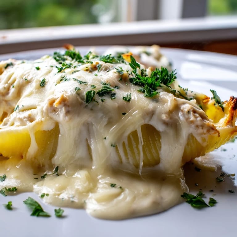 A close-up shows tender jumbo shells filled with chicken Alfredo, garnished with fresh parsley and extra Parmesan.