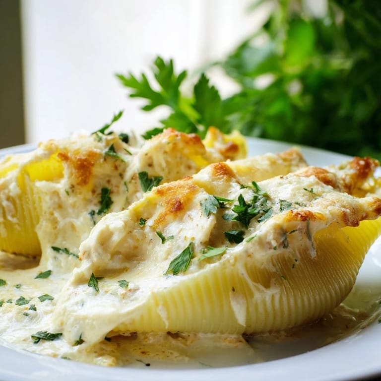 Serve these comforting Chicken Alfredo Stuffed Shells with a side salad for a complete Italian-American family dinner.