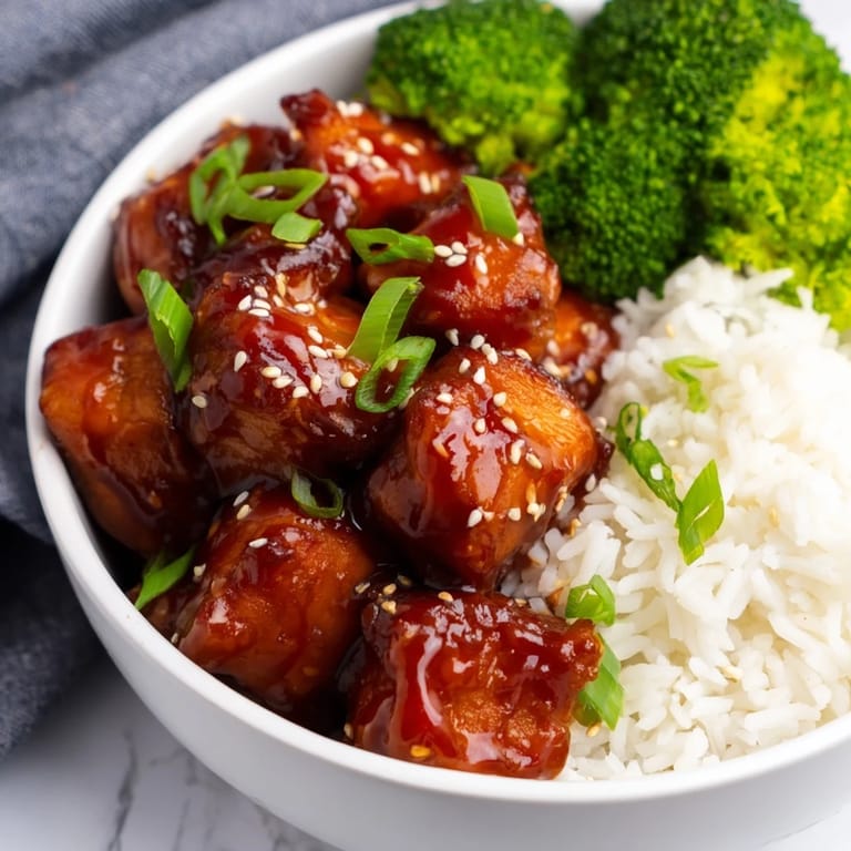Vibrant Sweet Chili Chicken Bowl with tender glazed chicken, crisp steamed broccoli florets, and fluffy jasmine rice, garnished with sesame seeds and green onions.