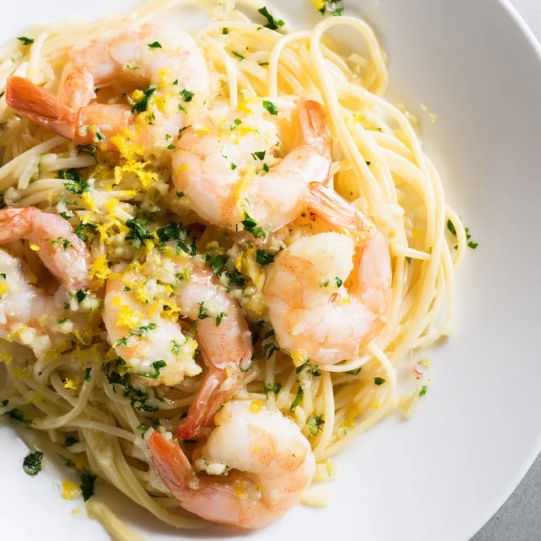 Serving suggestion for Lemon Garlic Shrimp Pasta with lemon wedges and Parmesan cheese.