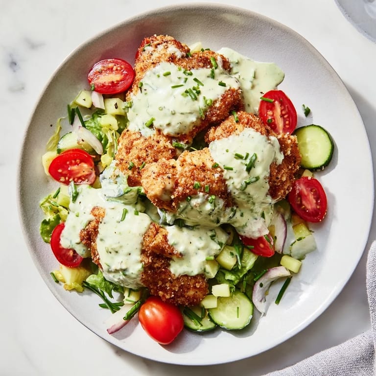 A close-up of avocado ranch chicken salad with fresh vegetables and herbs on a bed of romaine lettuce.