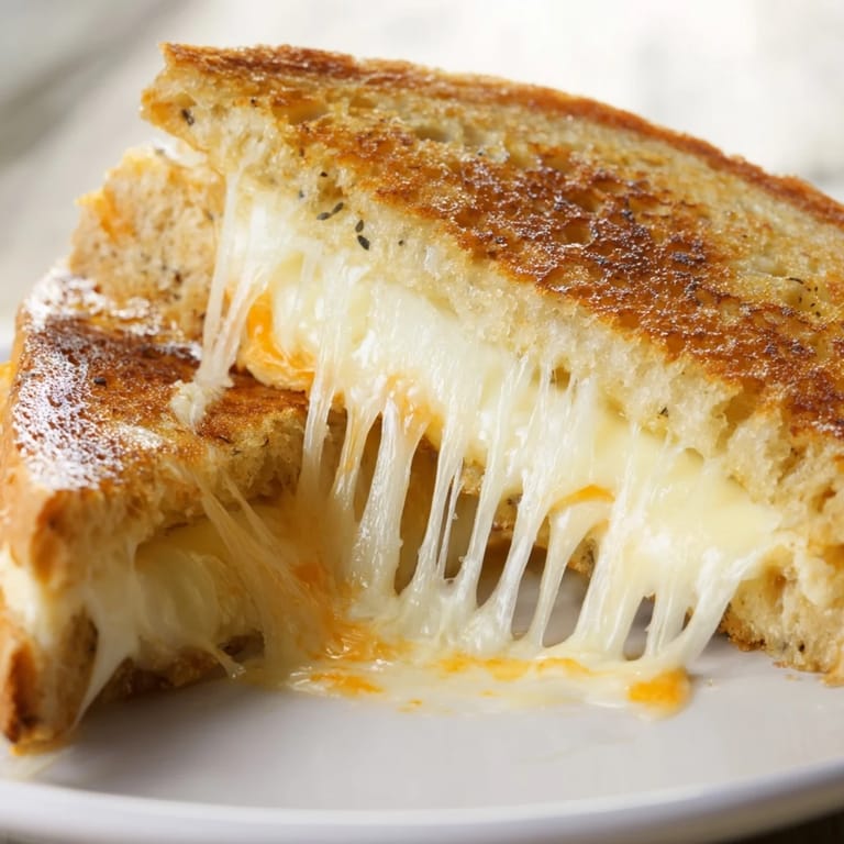 Two halves of a crispy Three-Cheese Grilled Cheese stacked on a plate, perfect for a quick vegetarian lunch or comforting family dinner.