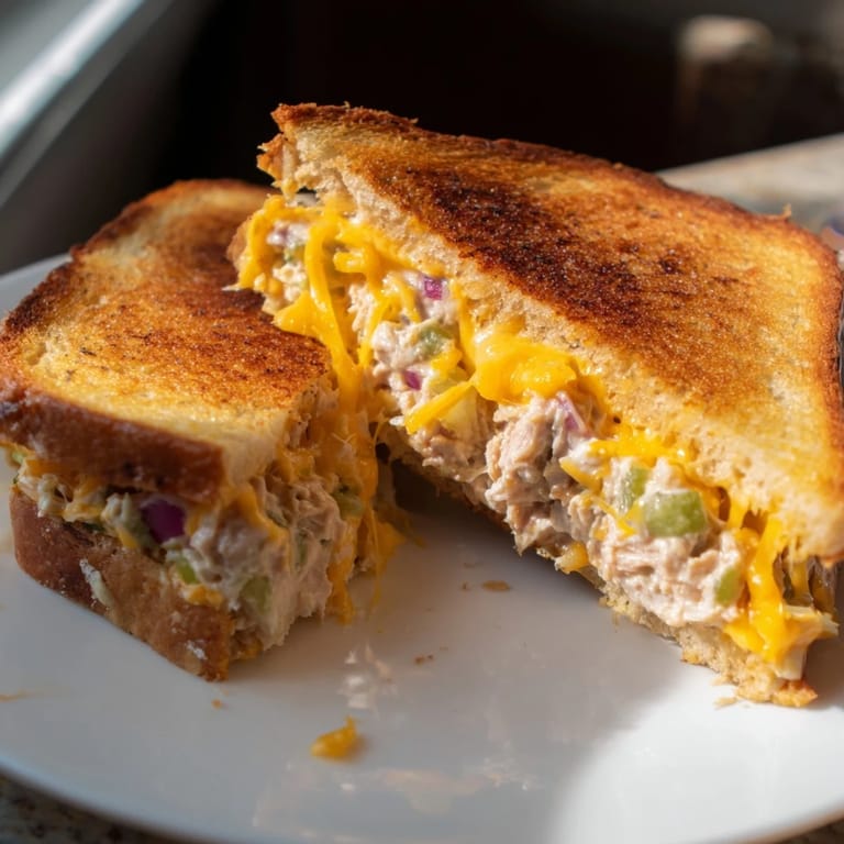 A close-up of a spicy tuna melt, with gooey cheese and red onion bits on toasted bread.